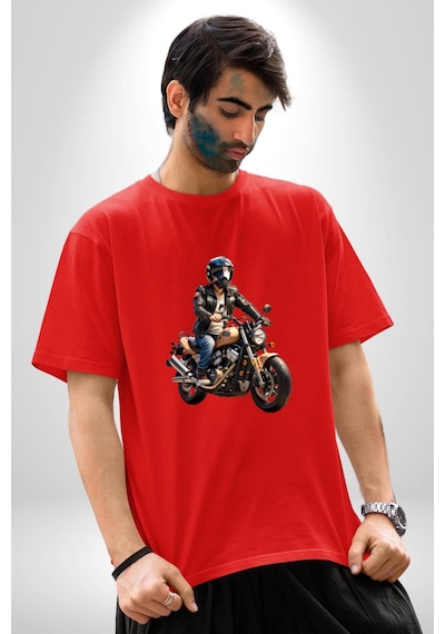 Kask Motorsiklet Dünya Turu Pamuklu Bisiklet Yaka Unisex Oversize Boyfriend Dijital Baskılı Kırmızı T-shirt Kırmızı