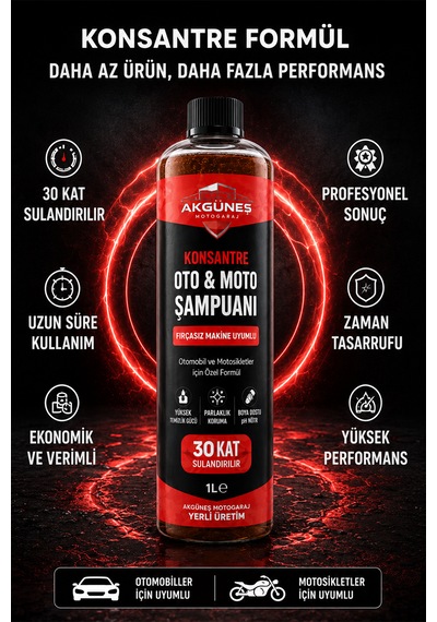 Akgüneş Motogaraj 1 Lt Konsantre Oto & Moto Şampuanı 30 Kat Sulandırılabilir Fırçasız Makine Uyumlu