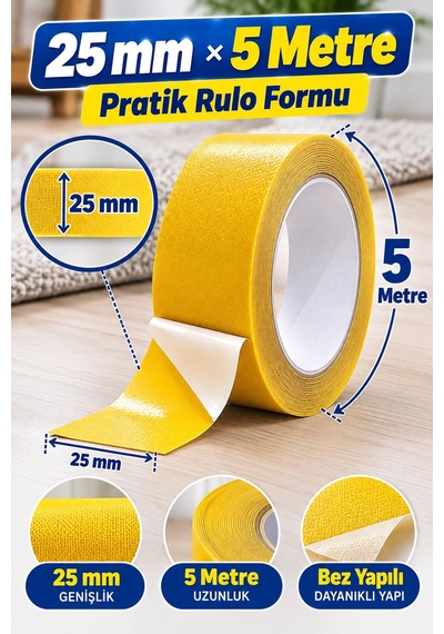 Çift Taraflı Halı Kaydırmaz Bant 25 Mm 5 Metre Bez Yapılı Halı Sabitleme Bandı