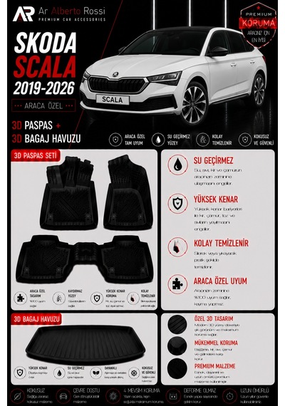 Skoda Scala 2019-2026 Araca Özel 3d Paspas + 3d Bagaj Havuzu