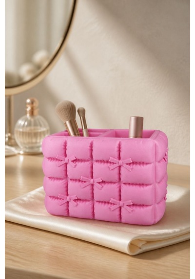Fiyonk Detaylı Puffy Masaüstü Organizer 3d Baskı Makyaj Ve Kalemlik Düzenleyici Pembe - Pembe