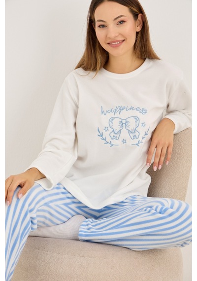 Siyah İnci Polar Kışlık Örme Pijama Takım 25222075 Beyaz - Mavi