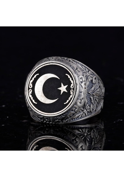 Yıldız Ve Ay Yüzüğü - Erkekler İçin 925 Ayar Gümüş Bayrak Yüzüğü Gümüş