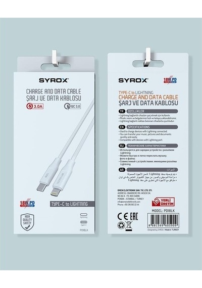 Syrox PD18LK 18W 3.0A Type-C To Apple Uyumlu iPhone Pd Şarj Kablosu