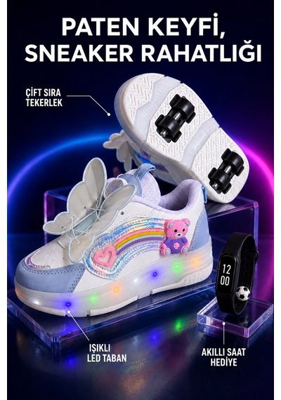 Muggo Colourful Çocuk Işıklı Patenli Tekerlekli Sneaker Spor Ayakkabı Bebe Mavi