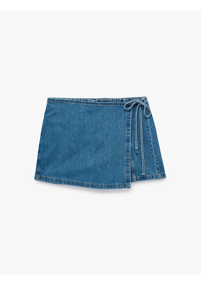 Koton Bağcık Detaylı Pamuklu Mini Denim Şort Etek Orta İndigo 6sal40002md