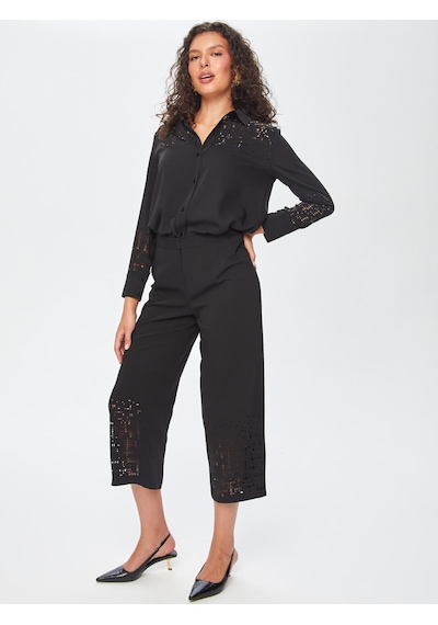 Faik Sönmez Paçası Delik İşli Wide Leg Fit Pantolon 69467 U6946710 Siyah