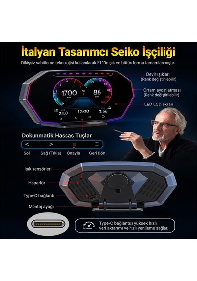 F11 Obd2 + Gps Head Up Display Hud, Dijital Hız Göstergesi, Sıyah