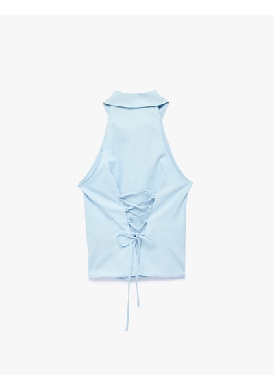 Koton Pamuklu Düğmeli Halter Kesim Kolsuz Poplin Gömlek Mavi 6sak60488pw