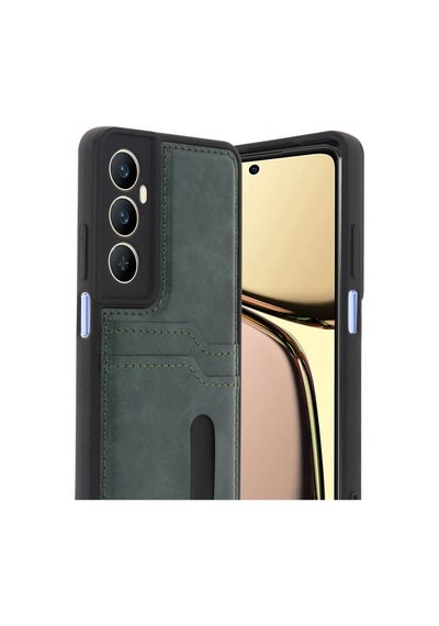 Realme C65 Uyumlu Deri Kartvizitli Kartlıklı Premium Telefon Kılıfı Kapak Koyu Yeşil