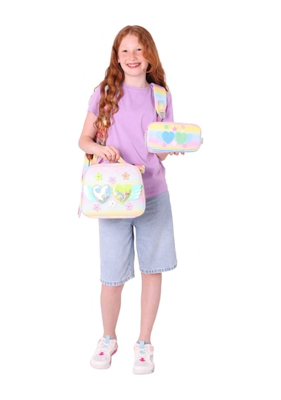 Kaukko Kids Kız Çocuk Simli Kalp Ve Çiçek Detaylı İlkokul 1.2.3.4. Sınıf Üçlü Okul Çanta Seti Sarı - Pembe
