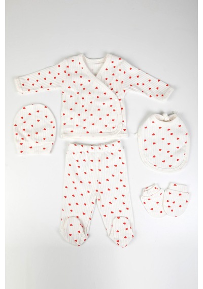 Baby Shez %100 Pamuklu Fitilli 5 Parça Yenidoğan Hastane Çıkışı Kalpli Zıbın Set Krem