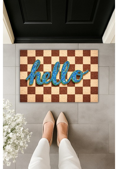 Rugmood Modern Dijital Baskı Paspas - Hello Yazılı Bej & Kahve Kareli Şık Kapı Önü Paspası