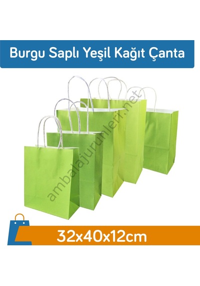 Burgu Saplı Yeşil Kağıt Çanta 32 x 40 x 12 CM 50 Adet
