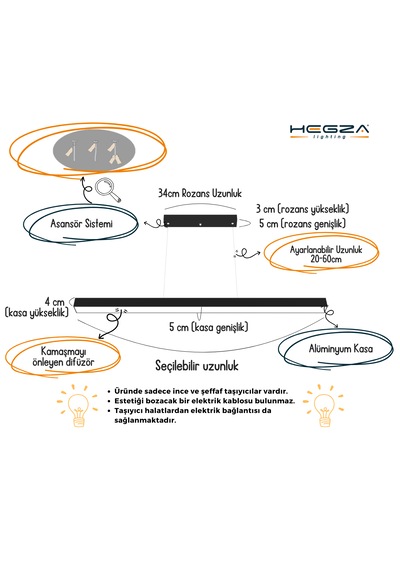 Lineer 80cm Gri Kasa, Sarı Işık Modern Sarkıt Led Avize GRİ RENK