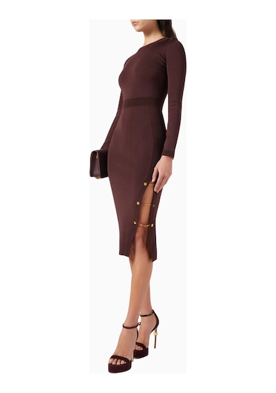 Elisabetta Franchi Zincir Ve Taş Detaylı Burgundy, Triko Midi Elbise Bordo