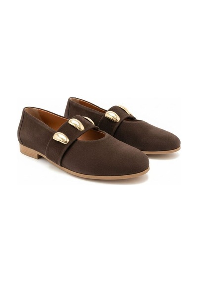 Ne&ve Shoes Kahve Süet Gold Aksesuar Detaylı Lastikli Kadın Şık Ve Rahat Babet Kahverengi