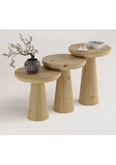 Wood Wooden 3 Lü Set Fitilli Mantar Yan Sehpa Modern Ahşap Renk Vernikli Fiskos Ahşap
