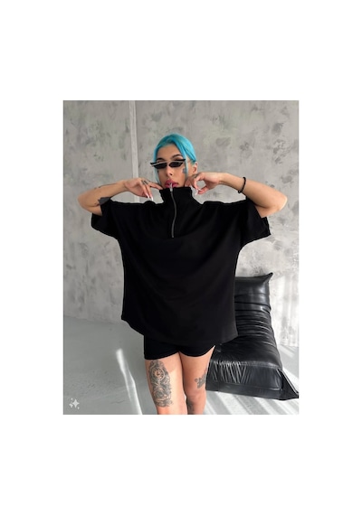 Kadın Yarım Fermuarlı Tişört Kısa Kol T-shirt - Siyah