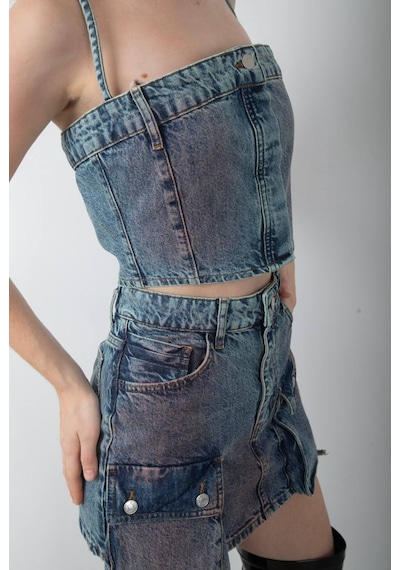 Denim Crop Top Ve Cepli Asimetrik Mini Etek Takım Mavi