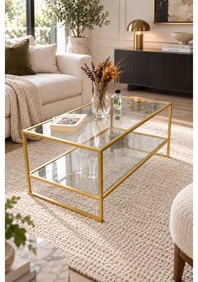 Teknor Şeffaf Camlı Gold Orta Sehpa Çift Raflı Modern Tasarım 90 50 46 Cm Altın