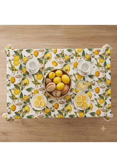Küçükçalık Duck Kumaş Limon Desenli Dantelli Masa Örtüsü Sarı - Yeşil