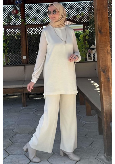Rabia Şamlı Pantolonlu İç Takım Ekru Normal
