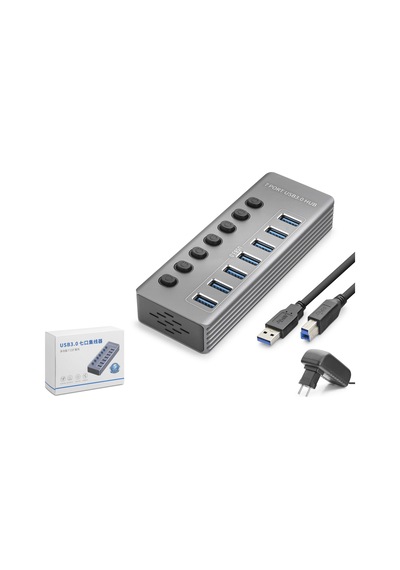 Hadron Hdx7047 Usb 3.0 Anahtarlı Güç Adaptörlü Hub 7 Port 5 Gbps Gri
