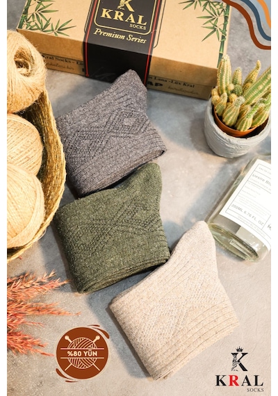 Kral Socks Erkek Koyun Yünlü Lambswool Kışlık 3'lü Kutulu Dikişsiz Çorap Asorti2