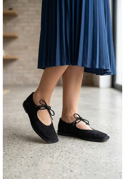 Shoetek Avany Kadın Babet Bağcıklı Siyah Süet
