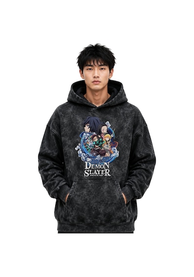 Sevbano Demon Slayer Anime Baskılı Unisex Oversize Yıkamalı Premium Hoodi Siyah