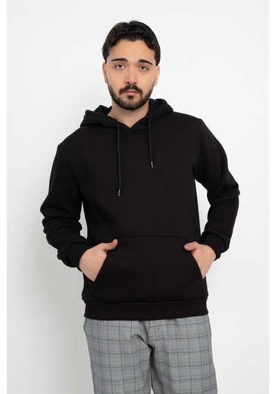 Dasüniforma Basic Baskısız 3 İplik Kapüşonlu Unisex Kanguru Cepli Kapüşonlu Sweatshirt Hoodie Sweat Siyah