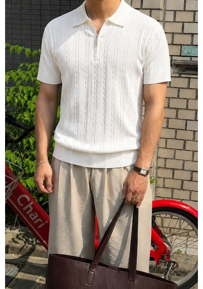 Tarz Cool Erkek Slim Fit Fermuarlı Polo Yaka Saç Örgü Desenli Triko Tişört Yazlık Pamuklu Esnek Örme Beyaz