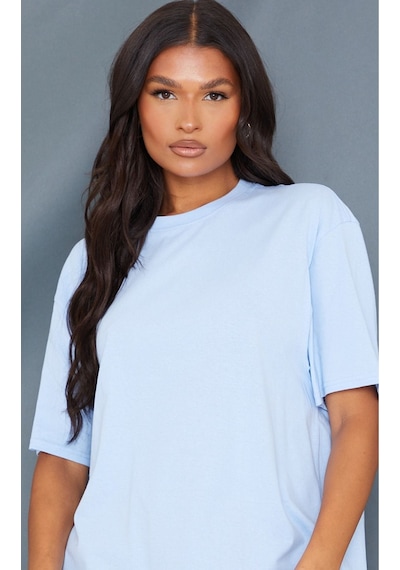 Düz Süprem T-shirt - Bebe Mavisi Oversize Bisiklet Yaka Kısa Kol Tişört Bebe Mavisi