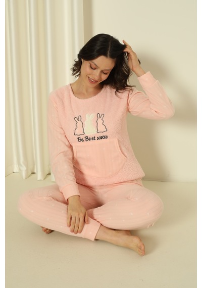Wordex Fwn 04-3302 Peluş Welsoft Polar Kışlık Yumoş Tavşanlı Kadın Pijama Takımı Soft Pembe