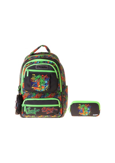 Kaukko Kids Street Siyah - Yeşil Erkek Çocuk İlkokul Sırt Çantası Ve Kalem Çantası Seti - Setkk-l5414c Çok Renkli