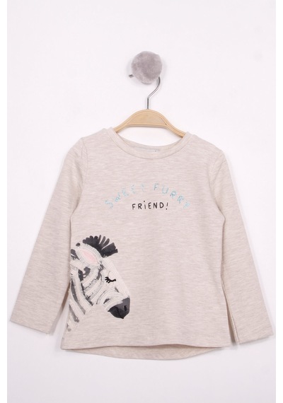 Toontoy Kids Toontoy Kız Çocuk Zebra Baskılı Nakışlı T-shirt Bej