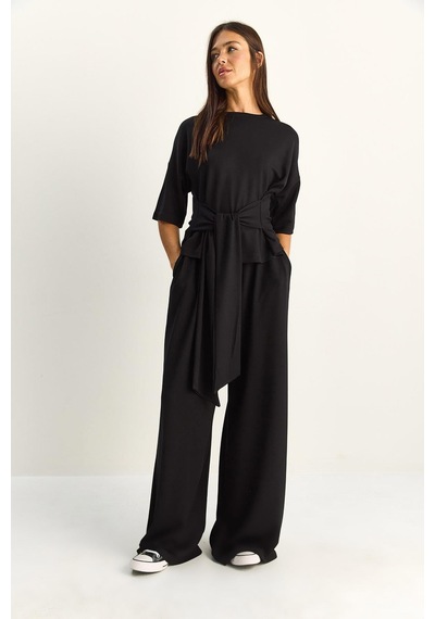 Shade Kadın Belden Bağlamalı Basic T-shirt Bol Paça Pantolon Alt-üst Modal Takım 4114 60286087 - Siyah