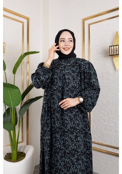Nevayla Moda Robalı Desenli Viskon Elbise - Yeşil / E0126 Yeşil