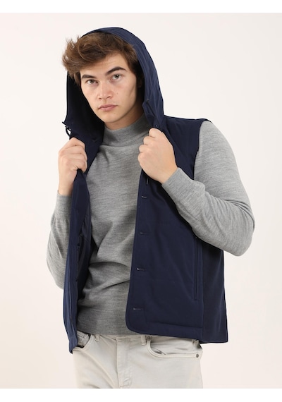 Dufy Lacivert Erkek Slim Fit Kapüşonlu Yelek Mont - 97125 Lacivert