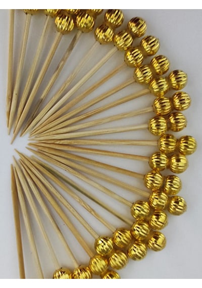 25 Adet Dekoratif Gold Çizgili Çift İnci Boncuklu Pasta Kürdanı 6,5 Cm - Boncuk 8 Mm