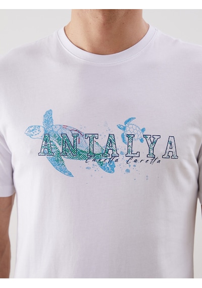 Lcwaıkıkı Classic Beyaz Bisiklet Yaka Antalya Baskılı Penye Erkek Tişört