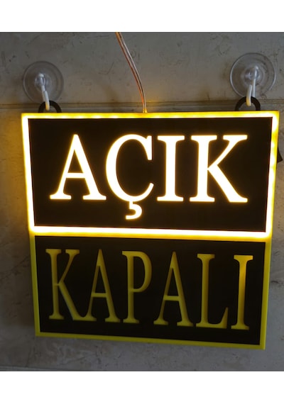 Açık Kapalı Yazılı Led Işıklı Tabela Siyah Kasa Sarı Işık