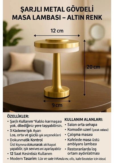 Gold Mantar Masa Lambası 3 Renk Modlu Kablosuz Şarjlı Dekoratif Metal Led Abajur Altın