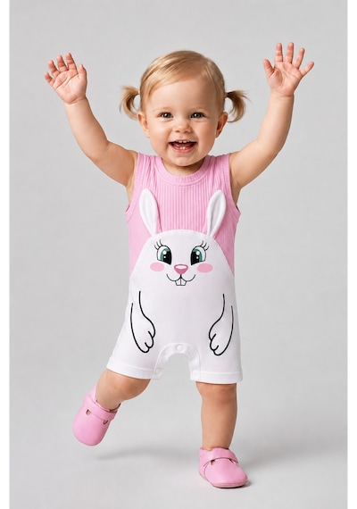 Babyden's Kız Bebek Tulum Yazlık %100 Pamuk Ribana Kolsuz Tavşan Baskılı Çıtçıtlı Bebek Tulumu 0-9 Ay Pembe