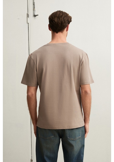 Grimelange Solo Erkek %100 Organik Pamuklu Kalın Dokulu Comfort Fit Bisiklet Yakalı Vizon T-shirt Vizon