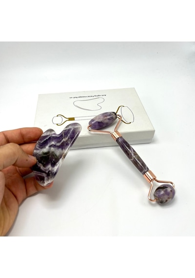 Yıldız Doğal Taş Sertifikalı Ametist Roller + Gua Sha Doğal Taş Masaj Aleti
