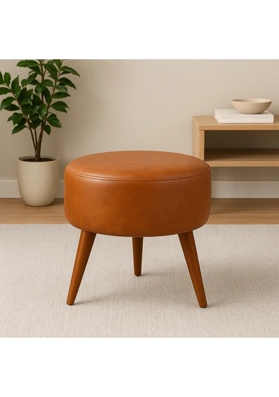 Waterybrook Suni Deri Puf - Ceviz Ahşap Ayaklı - Retro Modern Tasarım & Dekoratif Sehpa Taba Kahve