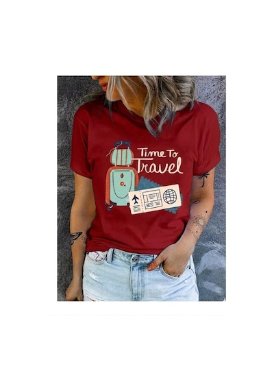 Kadın Time To Travel Baskılı %100 Pamuklu T-shirt Kırmızı