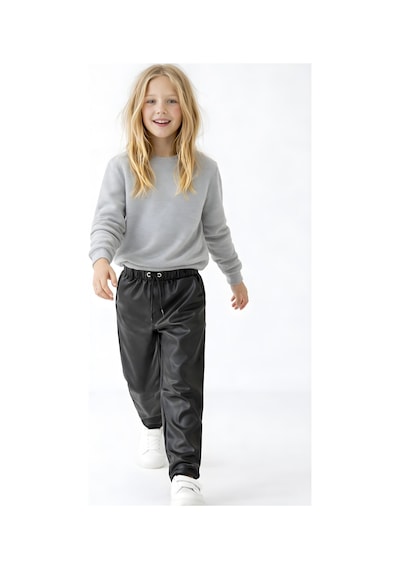 Esila Kids Kız Çocuk Deri Pantolon Lastikli Bel Cepli Şık Pantolon Siyah